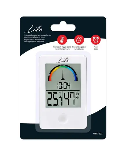 LIFE WES-101 Ψηφιακό Θερμόμετρο / Υγρόμετρο Εσωτερικού Χώρου Με Ρολόι Και Έγχρωμη Απεικόνιση Επιπέδων Υγρασίας | DBM Electronics